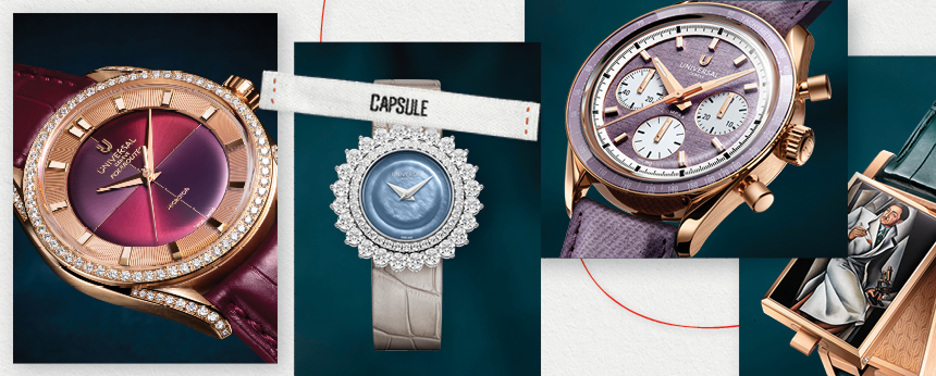 Sélection Capsule Universal Genève avec montres féminines serties et chronographe en or rose.