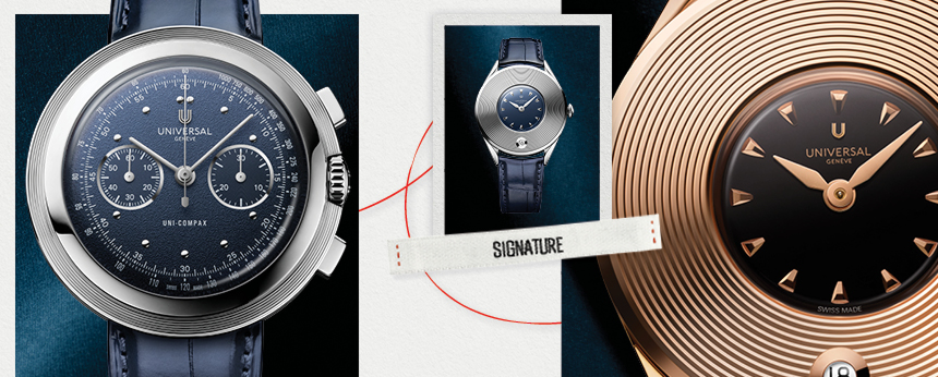 Montres Universal Genève Signature aux cadrans bleus et noirs, avec textures raffinées en détail sophistiqué